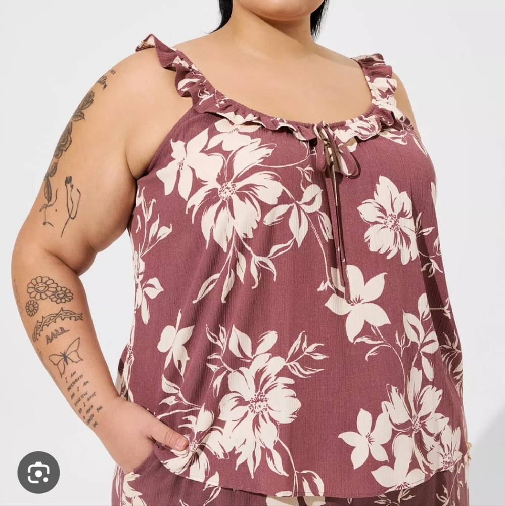 NWT Torrid Washable Crinkle Gauze Ruffle Tie Front Tank Women's 4X Brown White